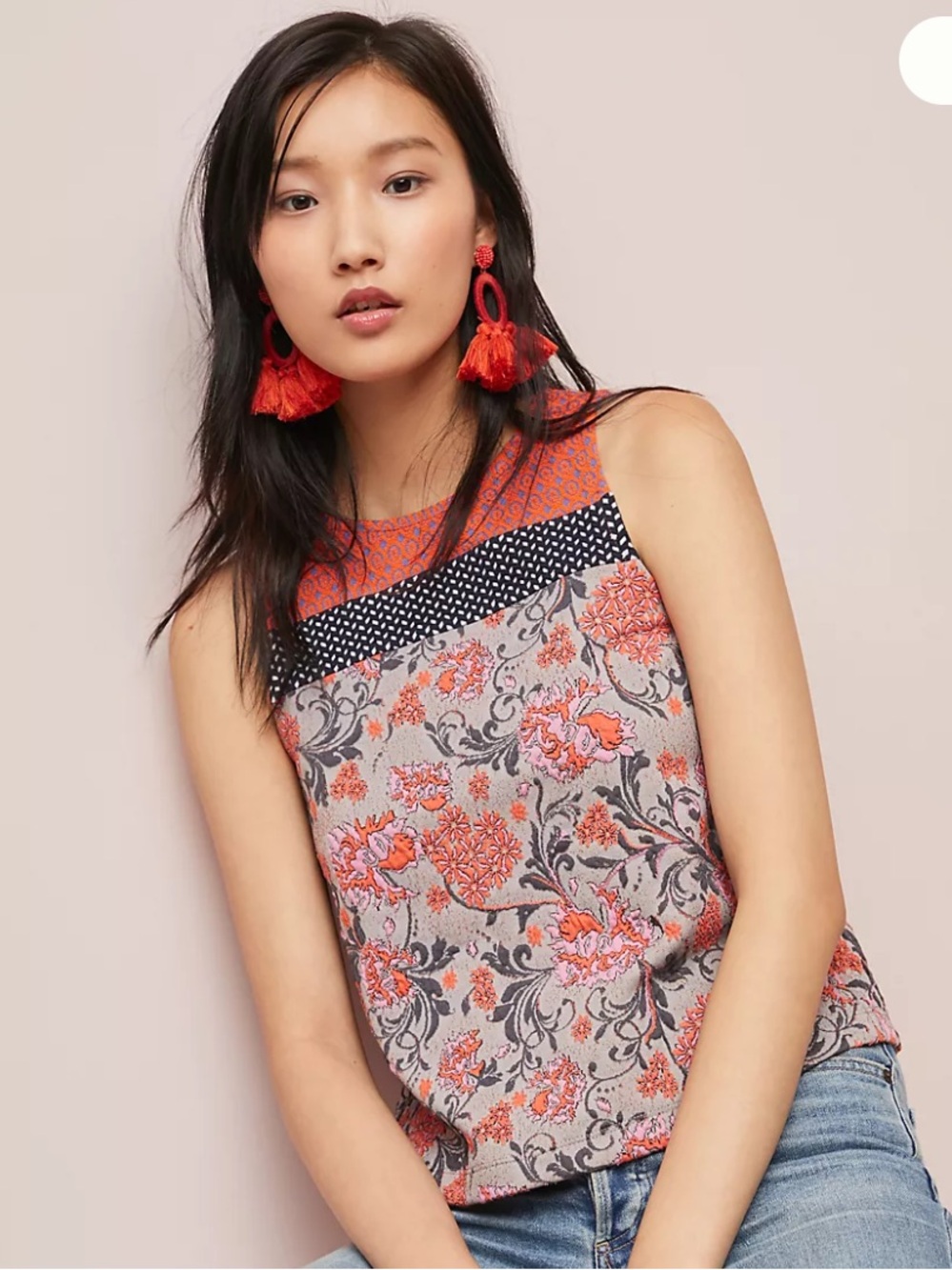 Meadow Rue Floral Mixed-Print Sleeveless Tank in Coral and Black